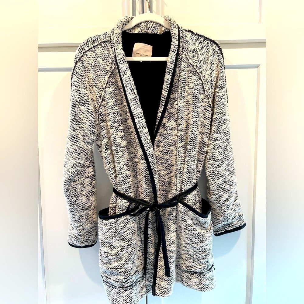 Rebecca Taylor Longline Tweed Sweater Jacket with Faux Leather Trim. Size 12.